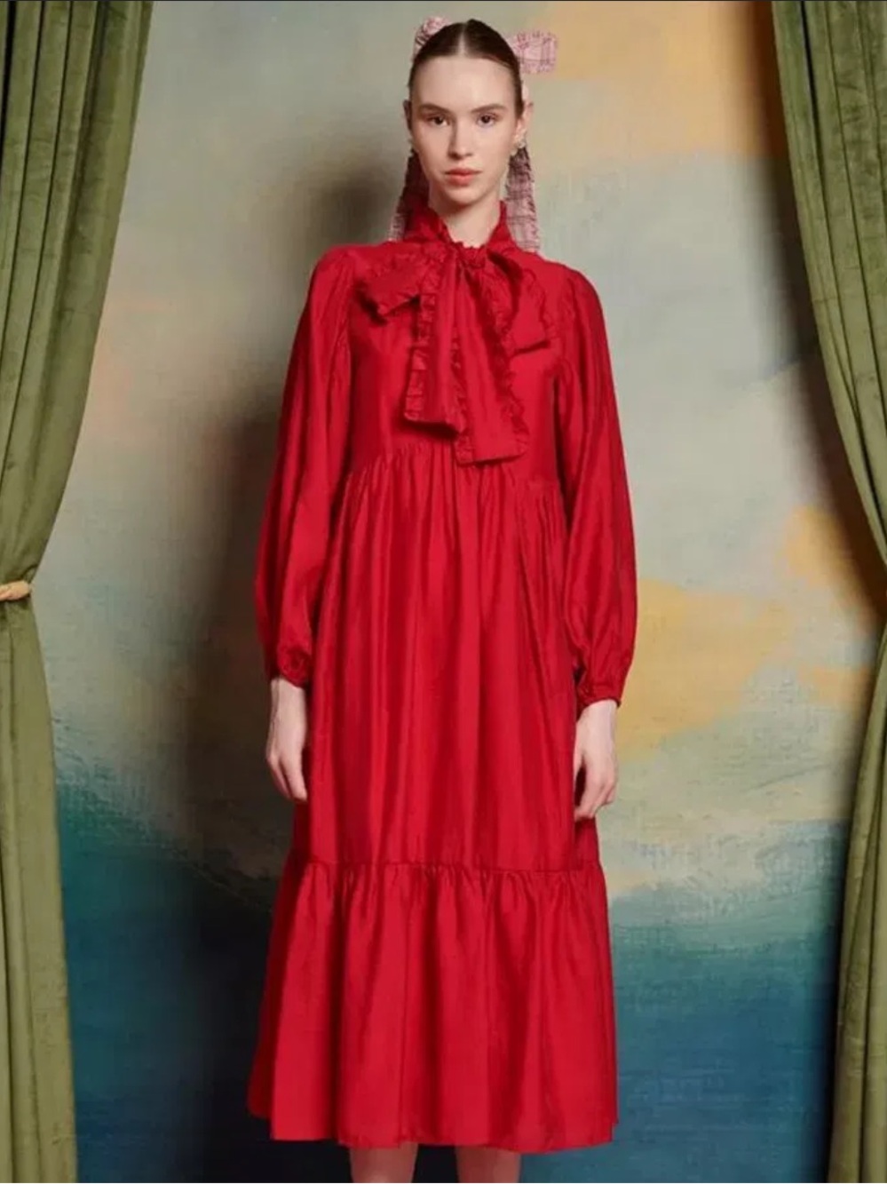 Sister Jane Red Ruffle Tie-Neck Midi Dress